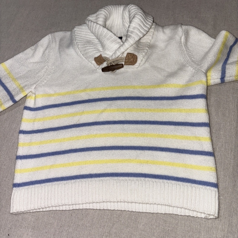 Boys Janie And Jack White Blue Yellow Striped Pullover Shawl Sweater Sz 18-24 Mo - Picture 6 of 7